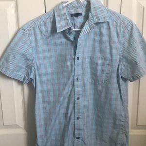 Short sleeved blue and grey button down